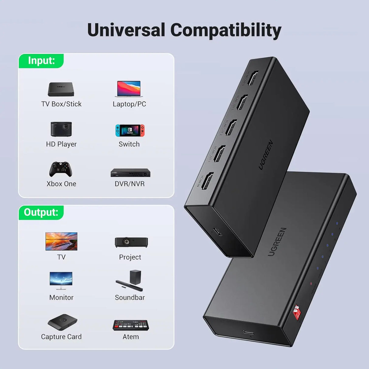 UGREEN 1x4 HDMI Splitter 4K 60Hz 1 In 4 Out HDMI 2.0 Splitter with Power Adapter TV Monitor Projector UHD 50708EU Ugreen