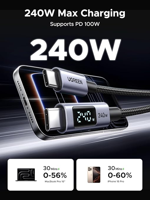 UGREEN 3m 240W USB C to USB-C Cable with Digital Display PD 3.1 ,Fast Charging Cable Compatible with MacBook Pro M4/Air, iPad, HP EliteBook, iPhone Air/17/16.(65868)