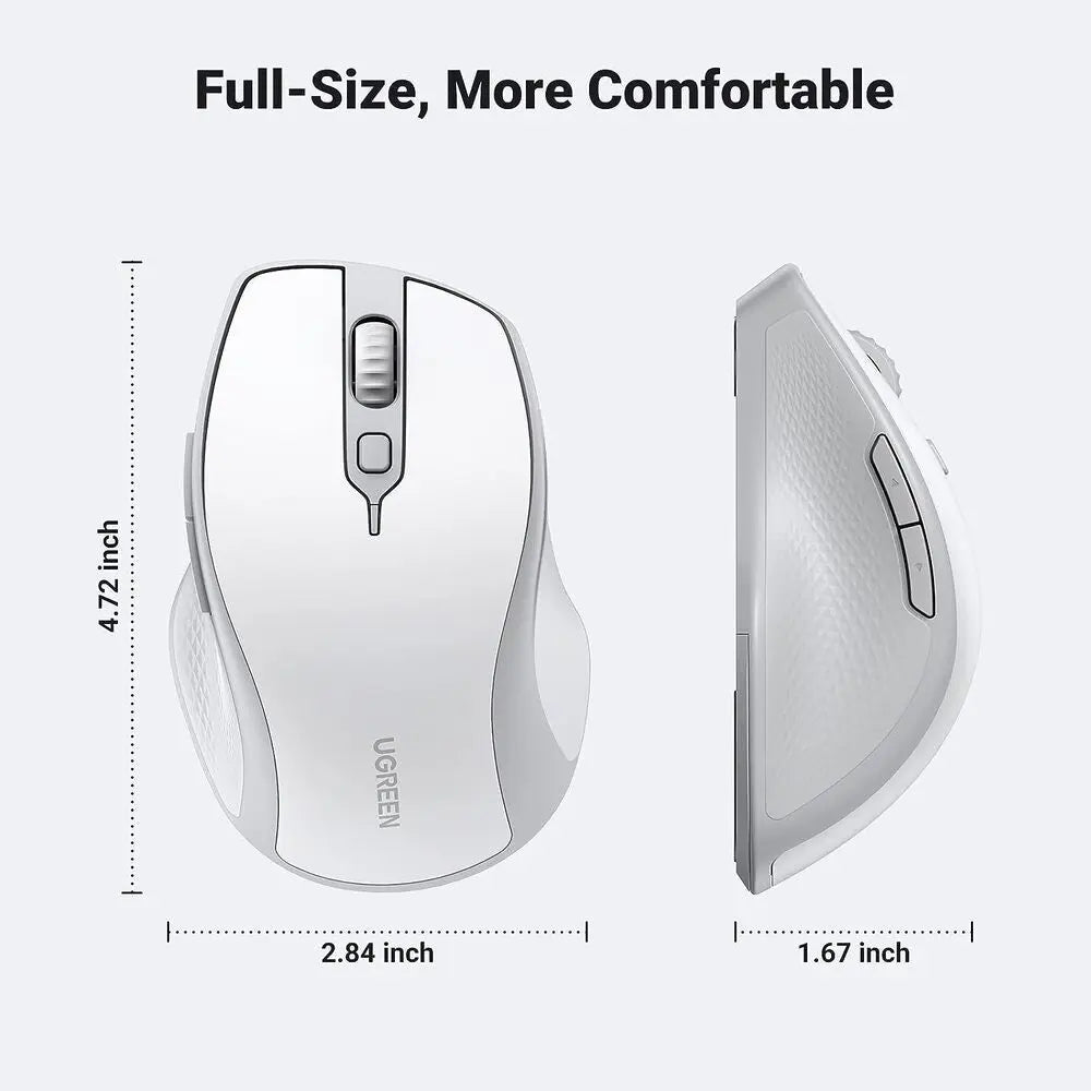 UGREEN Ergonomic 5 Button Silent 2.4G Wireless Bluetooth 5.0 Optical Mouse USB Receiver 4000 DPI MacBook PC White (15805)