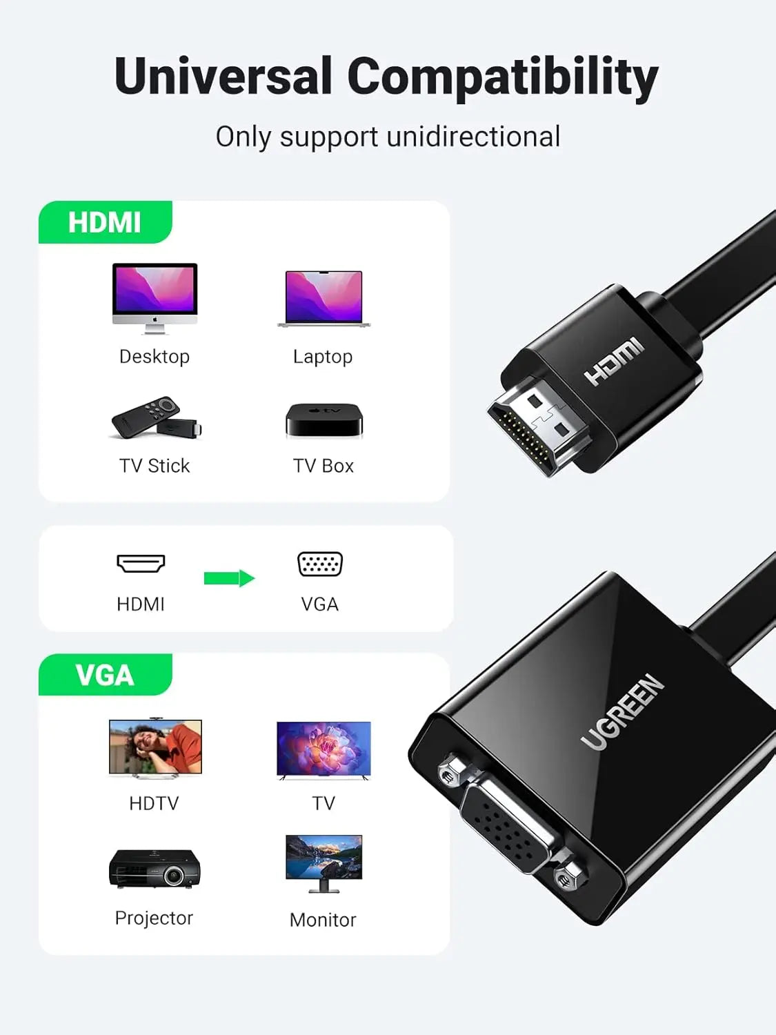 UGREEN Active HDMI to VGA Adapter Audio HDMI Male VGA Female Converter 3.5mm Audio Jack Laptop PC Monitor Projector (40248) Ugreen
