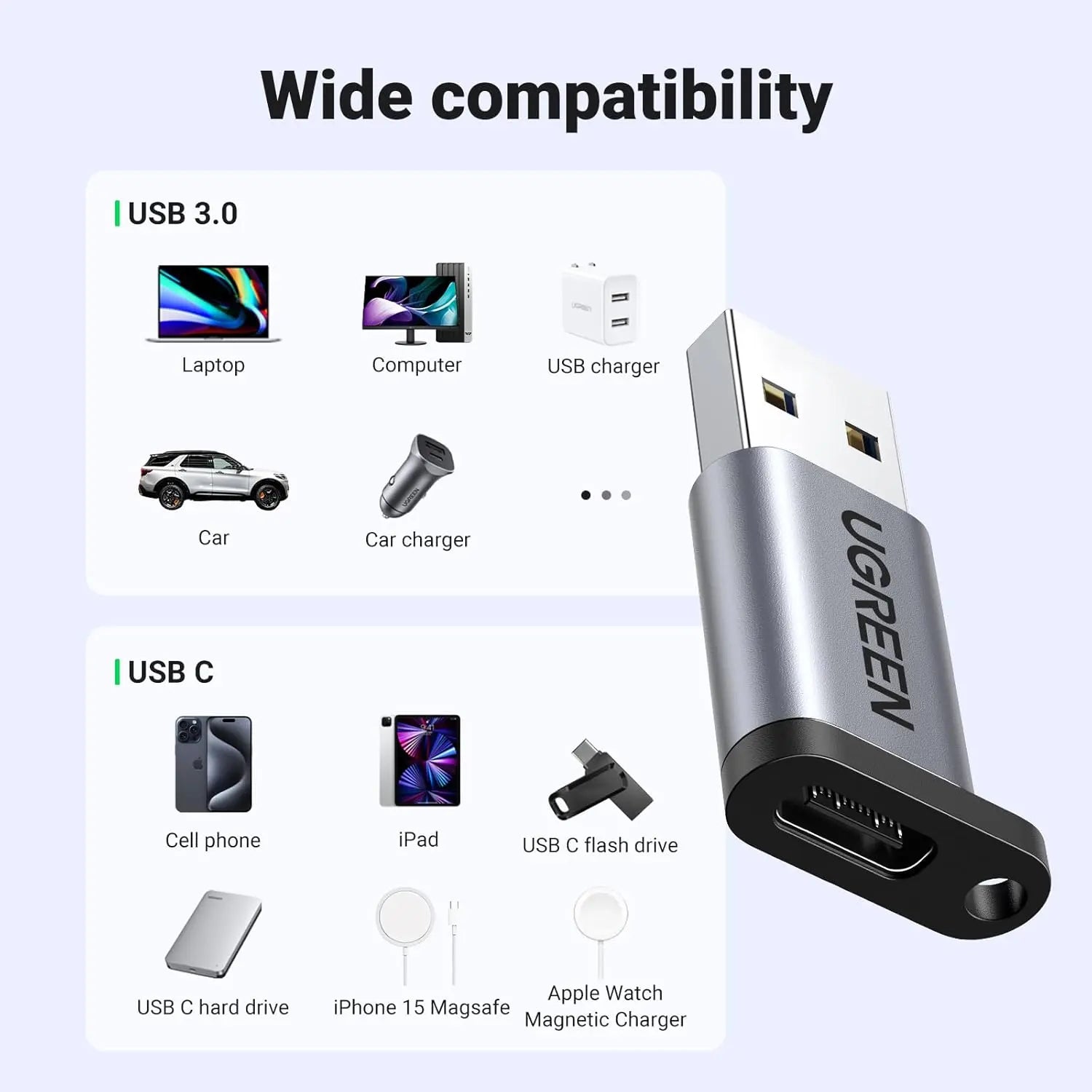UGREEN 10Gbps USB C to USB A Adapter Type A Male C Female Fast Charge Data Transfer iPhone 16 15 MacBook iPad Galaxy (50533)