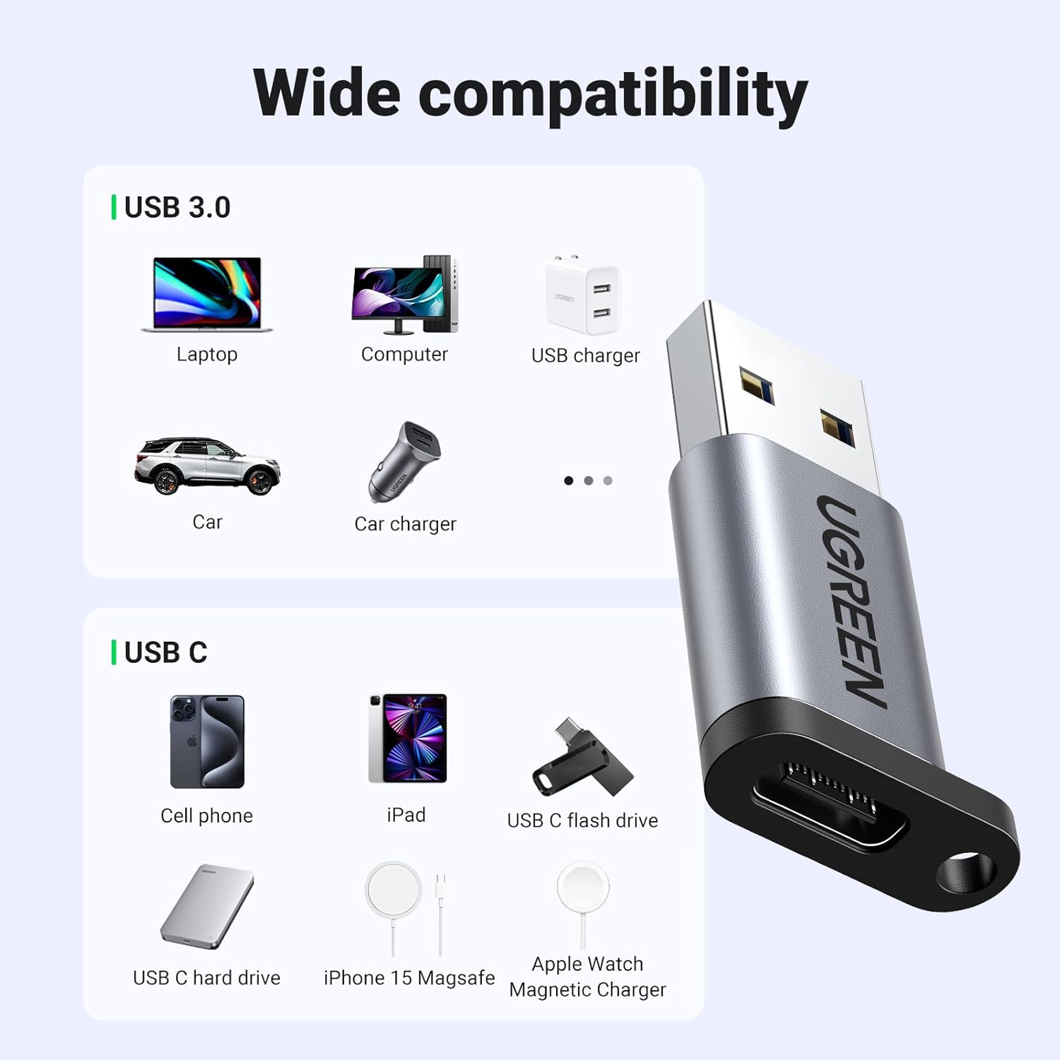 UGREEN 10Gbps USB C to USB A Adapter Type A Male C Female Fast Charge Data Transfer iPhone 16 15 MacBook iPad Galaxy (50533) Ugreen
