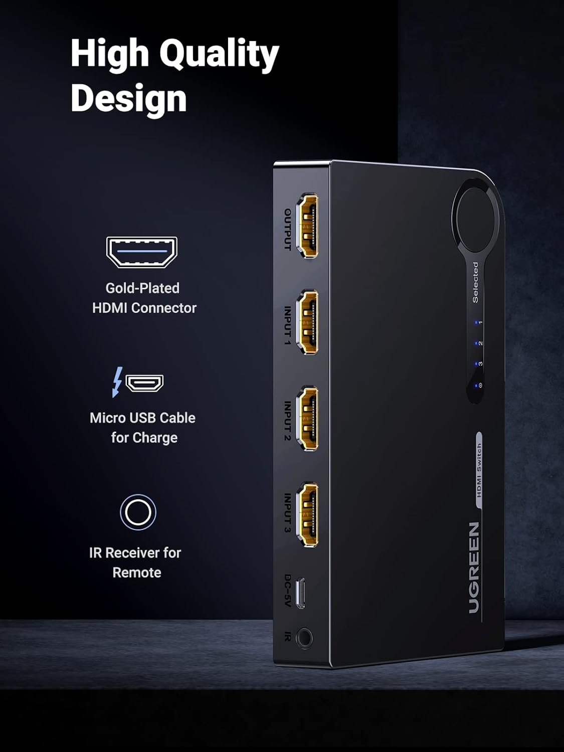 UGREEN 3x1 HDMI Switch 3 In 1 Out IR Wireless Remote 1080P 3D HDMI Switcher Laptop PS3 Xbox360 HD-DVD Gaming Console Switch 40234 Ugreen