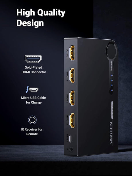 UGREEN 3x1 HDMI Switch 3 In 1 Out IR Wireless Remote 1080P 3D HDMI Switcher Laptop PS3 Xbox360 HD-DVD Gaming Console Switch 40234 Ugreen