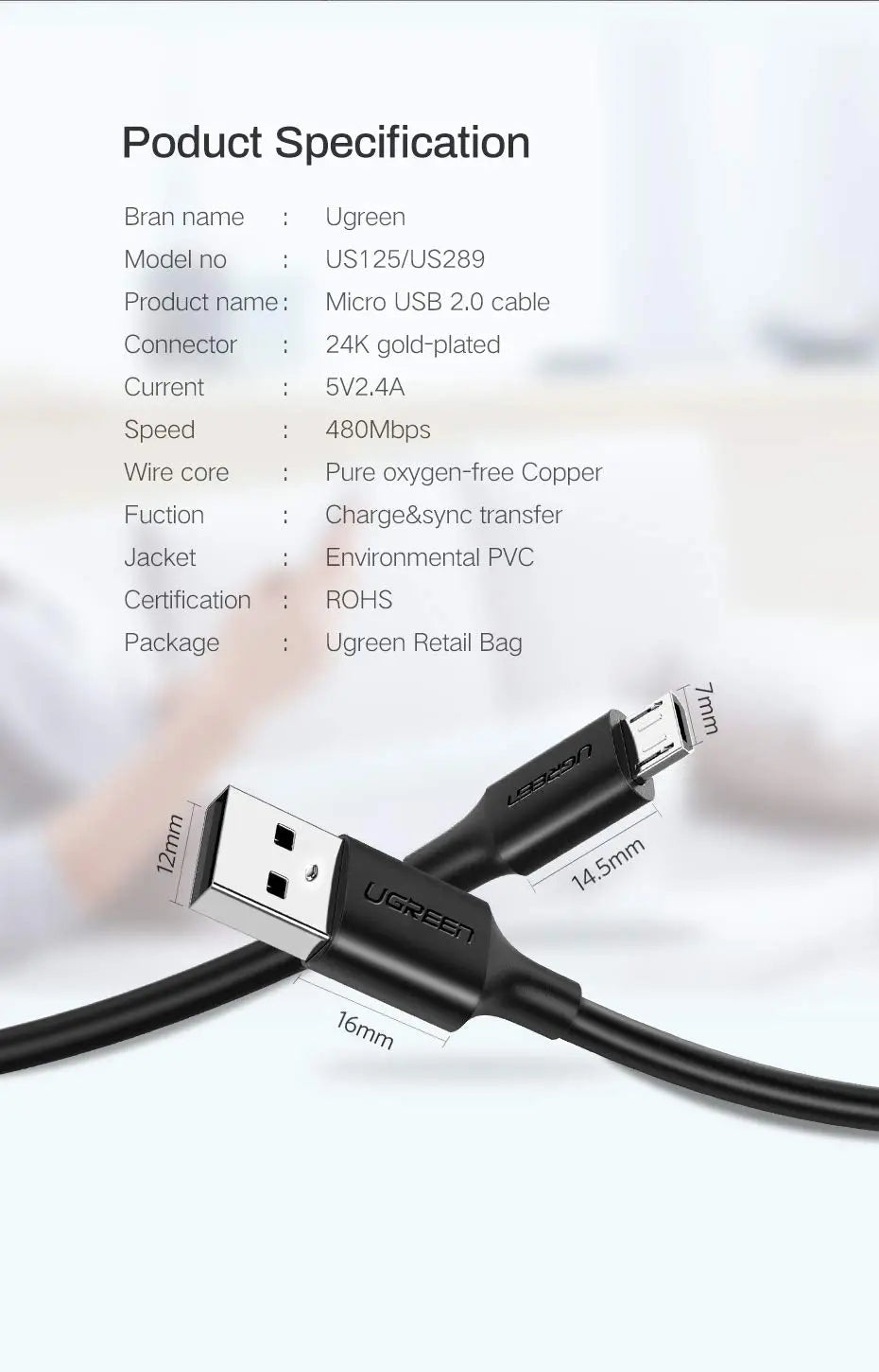 UGREEN 2M USB-A to Micro USB Cable USB 2.0 Data Sync Charging Cord Nickel Plated Android PS4 Controller Camera 60138