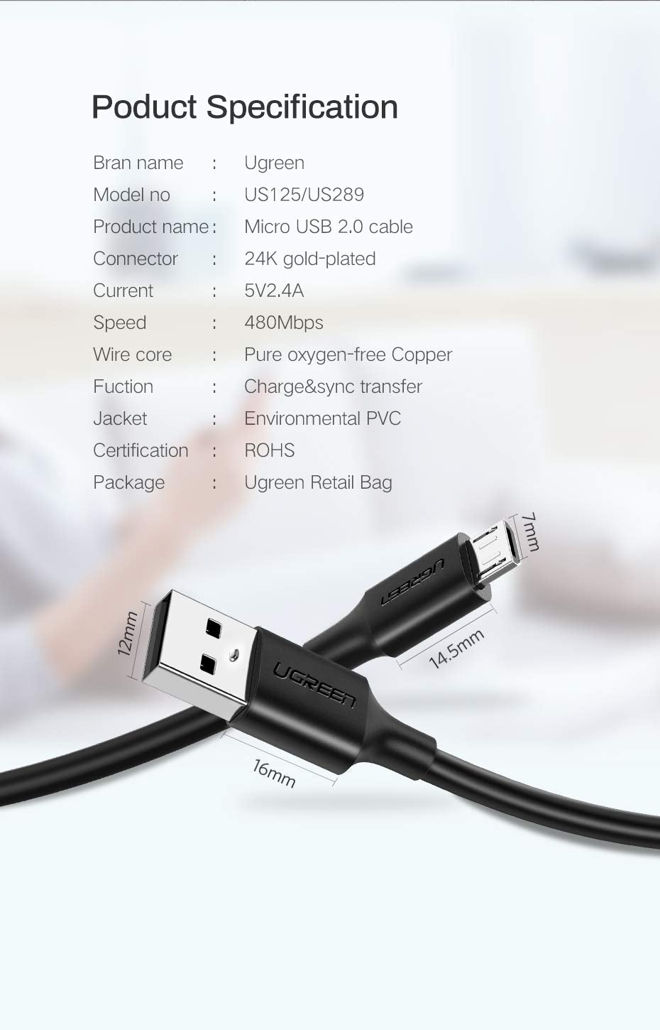 UGREEN 2M USB-A to Micro USB Cable USB 2.0 Data Sync Charging Cord Nickel Plated Android PS4 Controller Camera 60138 Ugreen