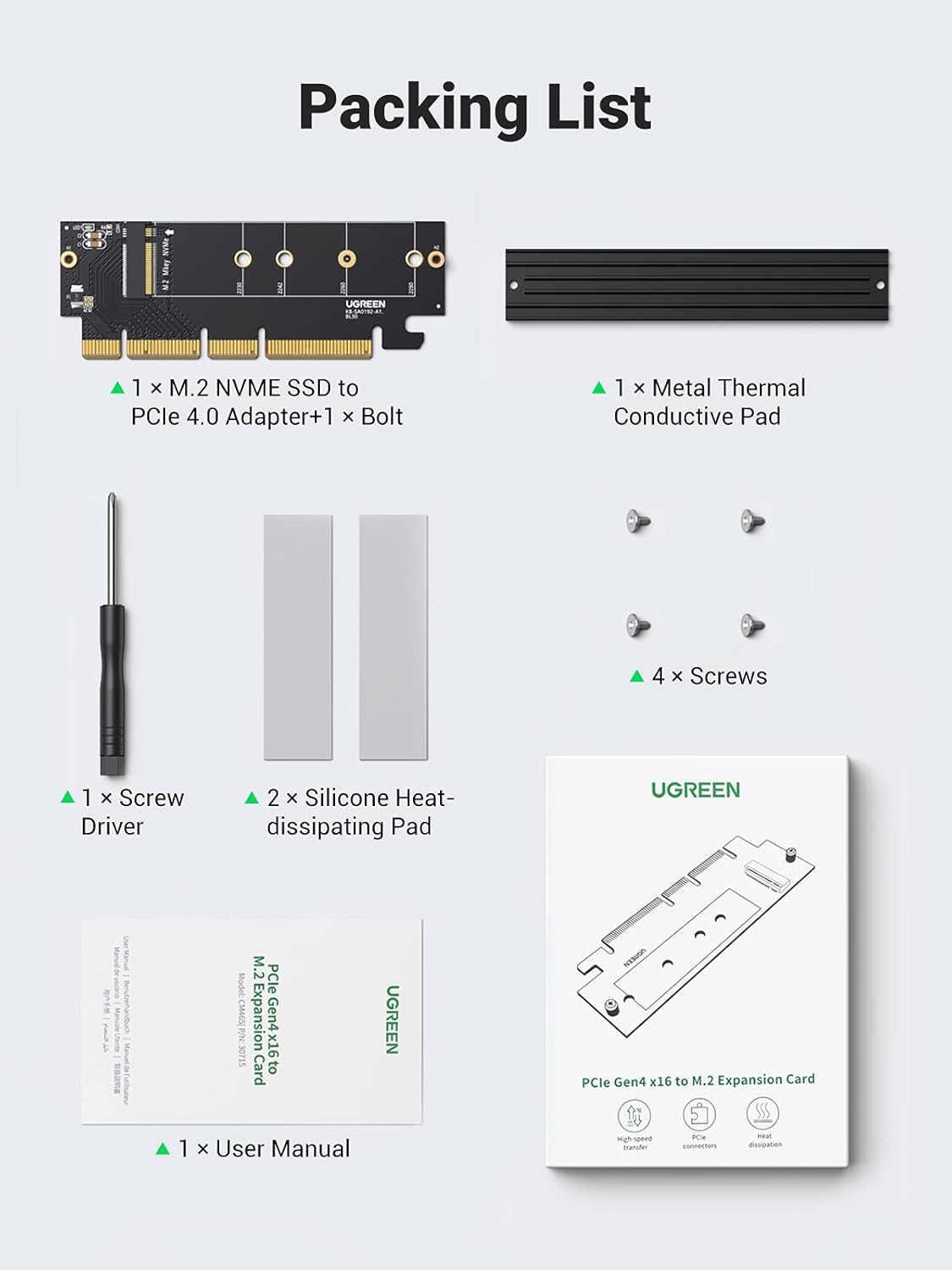 UGREEN NVMe PCIe Adapter Gen4 x16 to M.2 Expansion Card NVMe SSD 2230 2242 2260 2280 64Gbps Desktop PC 30715 Ugreen