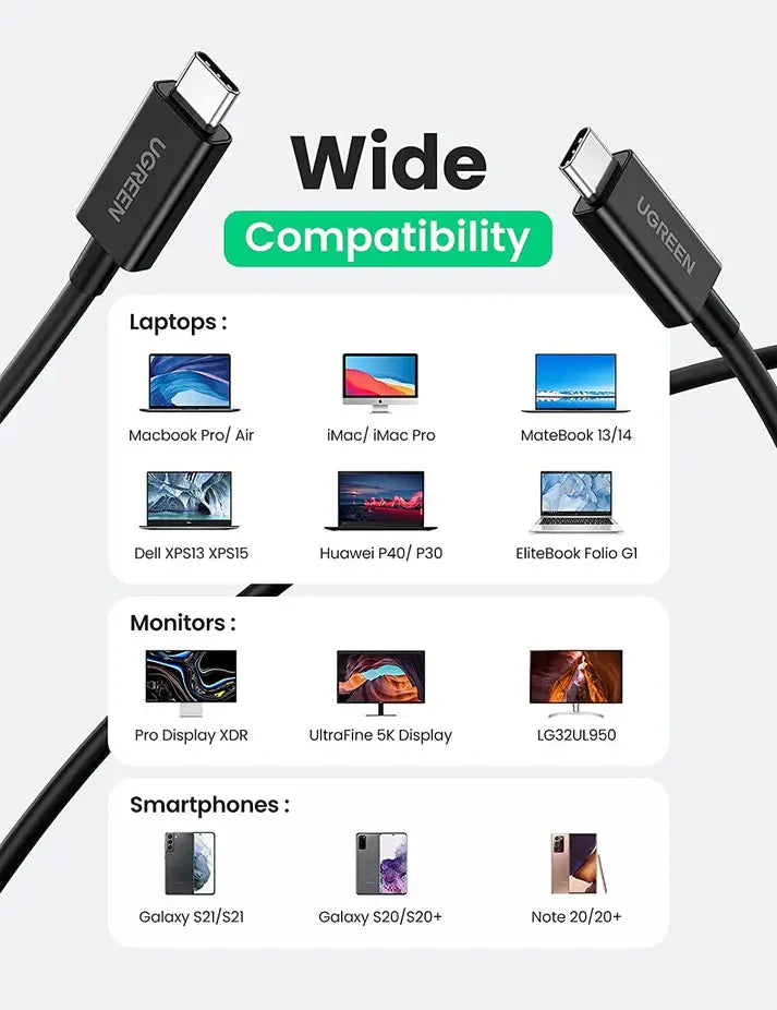 UGREEN Thunderbolt 4 USB-C to USB-C Cable 0.8M 2.6ft 100W Fast Charging 8K Video Type-C Data Transfer Cable Black (30389)