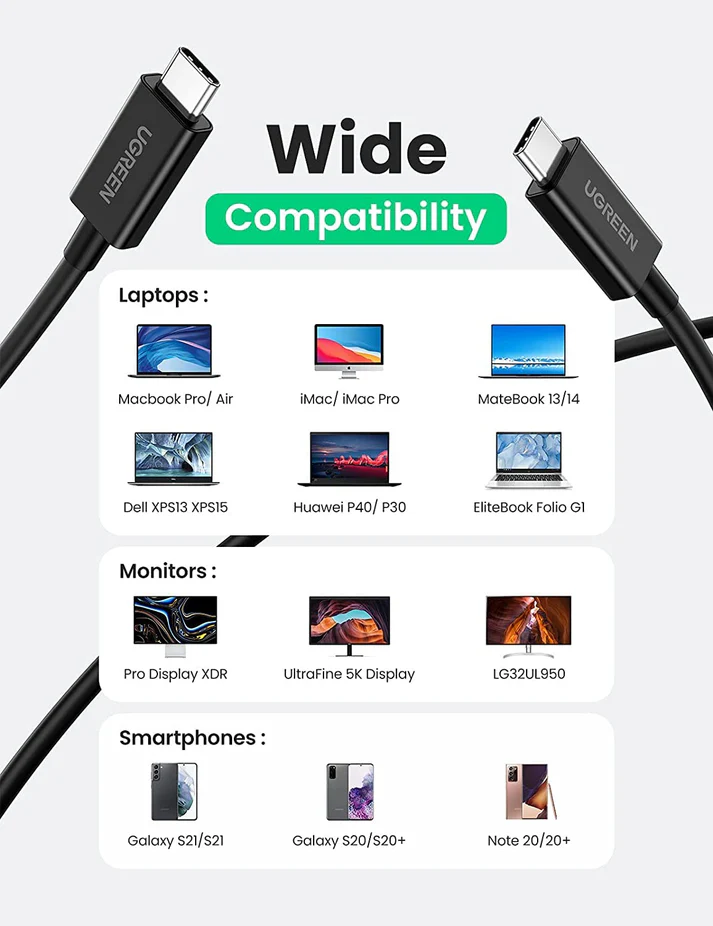 UGREEN Thunderbolt 4 USB-C to USB-C Cable 0.8M 2.6ft 100W Fast Charging 8K Video Type-C Data Transfer Cable Black (30389) Ugreen
