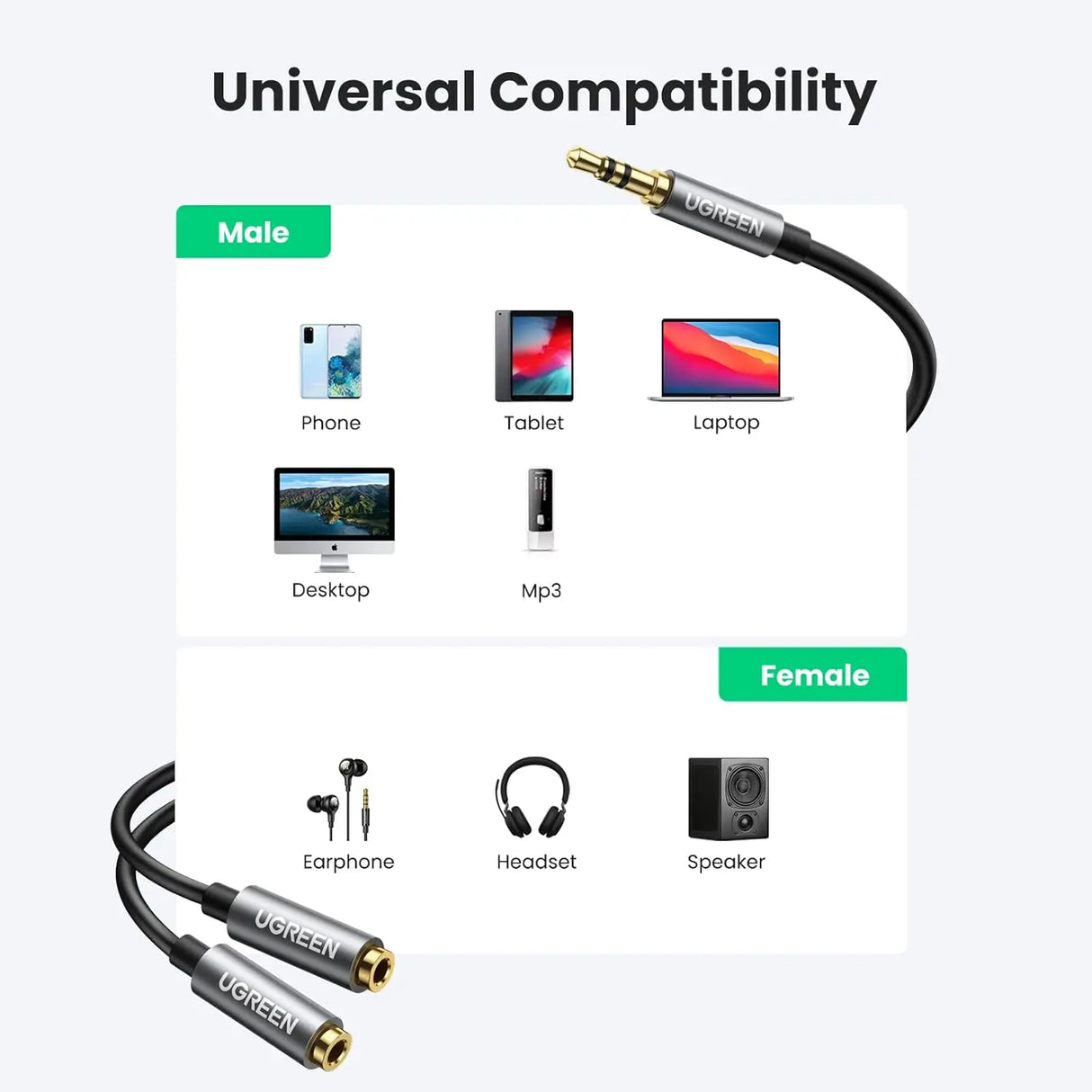 GREEN 20cm 3.5mm Male to Female Dual Headphone Splitter Aux Extension Cable Braided Audio Stereo Jack Share 10532 Ugreen