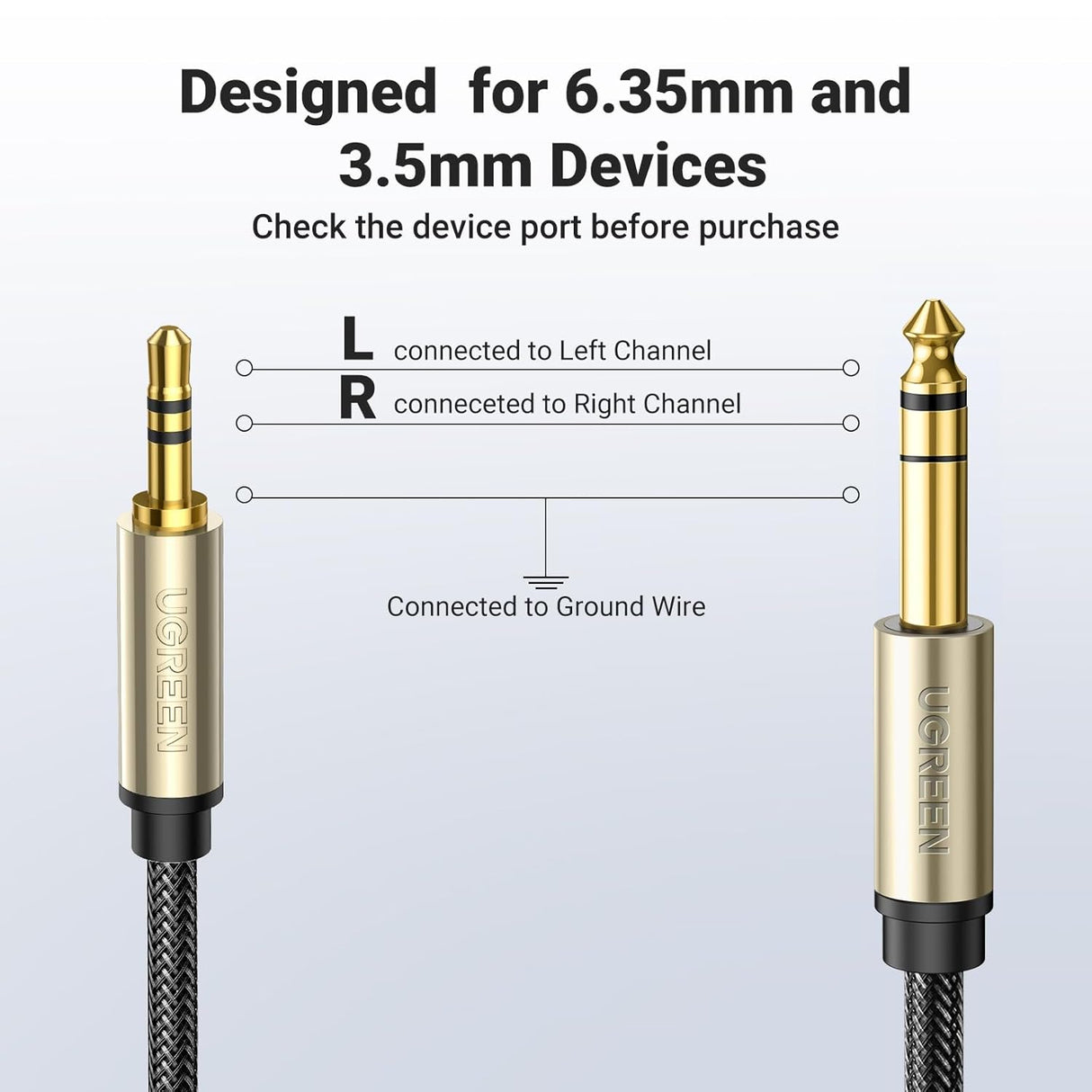 UGREEN 3.5mm to 6.35mm Audio Cable 1M Male TRS Instrument Cable 24K Gold Plated Professional Audio Equipment 10625 Ugreen