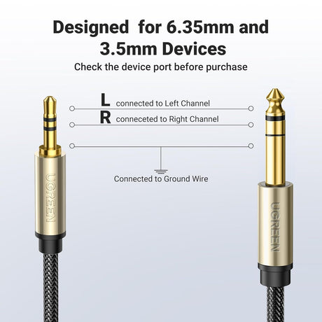UGREEN 3.5mm to 6.35mm Audio Cable 1M Male TRS Instrument Cable 24K Gold Plated Professional Audio Equipment 10625 Ugreen