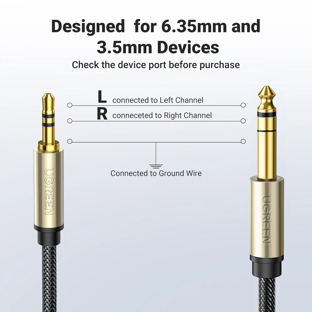 UGREEN 3.5mm to 6.35mm Audio Cable 1M Male TRS Instrument Cable 24K Gold Plated Professional Audio Equipment 10625 Ugreen