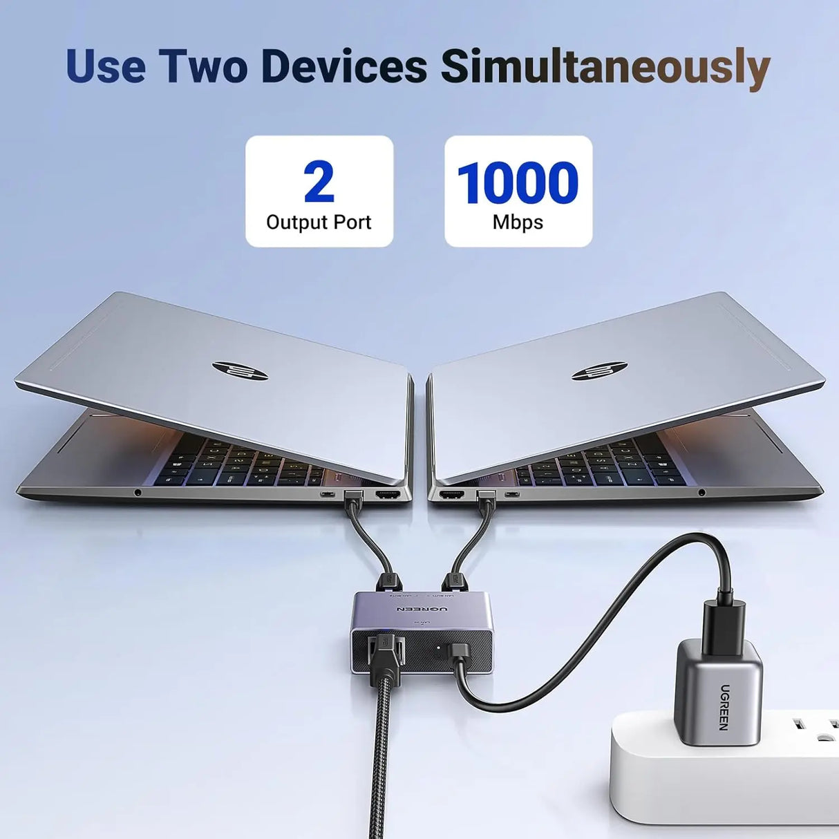 UGREEN 1 in 2 Out Ethernet Splitter 1000Mbps Aluminum Gigabit Network LAN Adapter USB C Charging Cat8 Cat7 Cat6 RJ45 (45311)