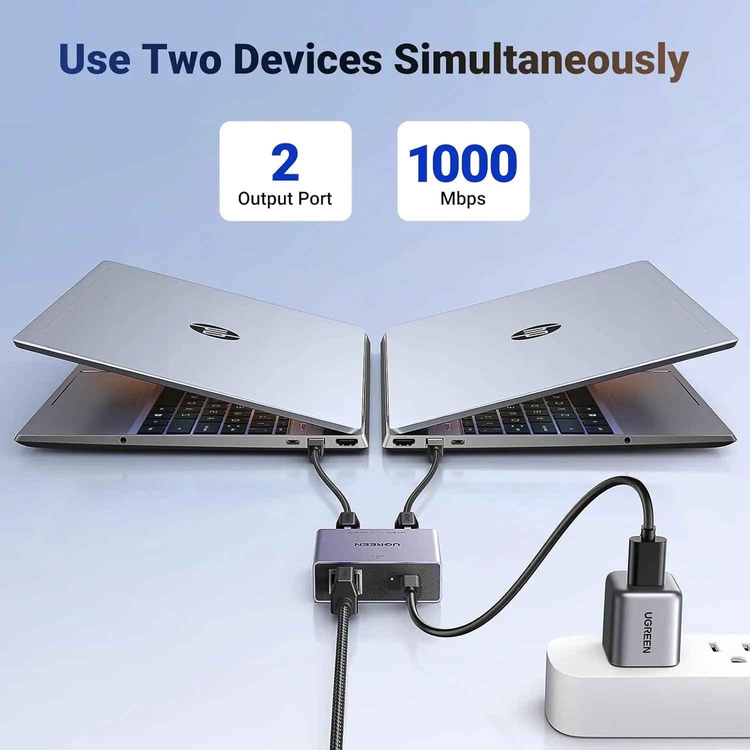 UGREEN 1 in 2 Out Ethernet Splitter 1000Mbps Aluminum Gigabit Network LAN Adapter USB C Charging Cat8 Cat7 Cat6 RJ45 (45311)