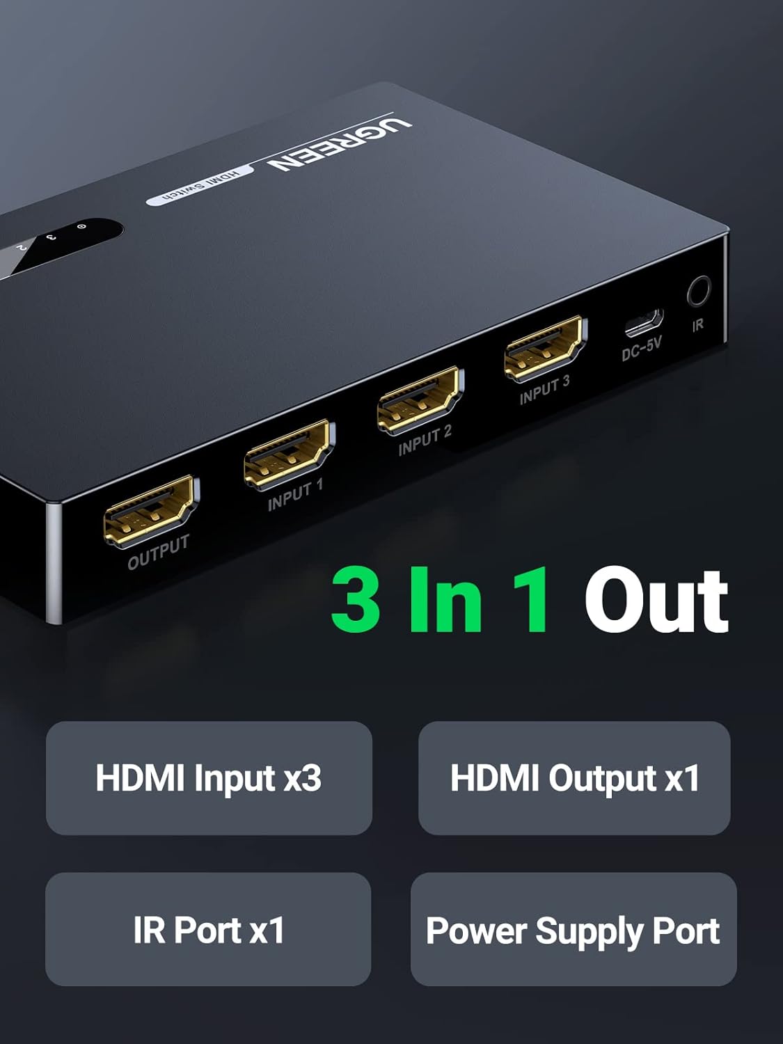UGREEN 3x1 HDMI Switch 3 In 1 Out IR Wireless Remote 1080P 3D HDMI Switcher Laptop PS3 Xbox360 HD-DVD Gaming Console Switch 40234 Ugreen