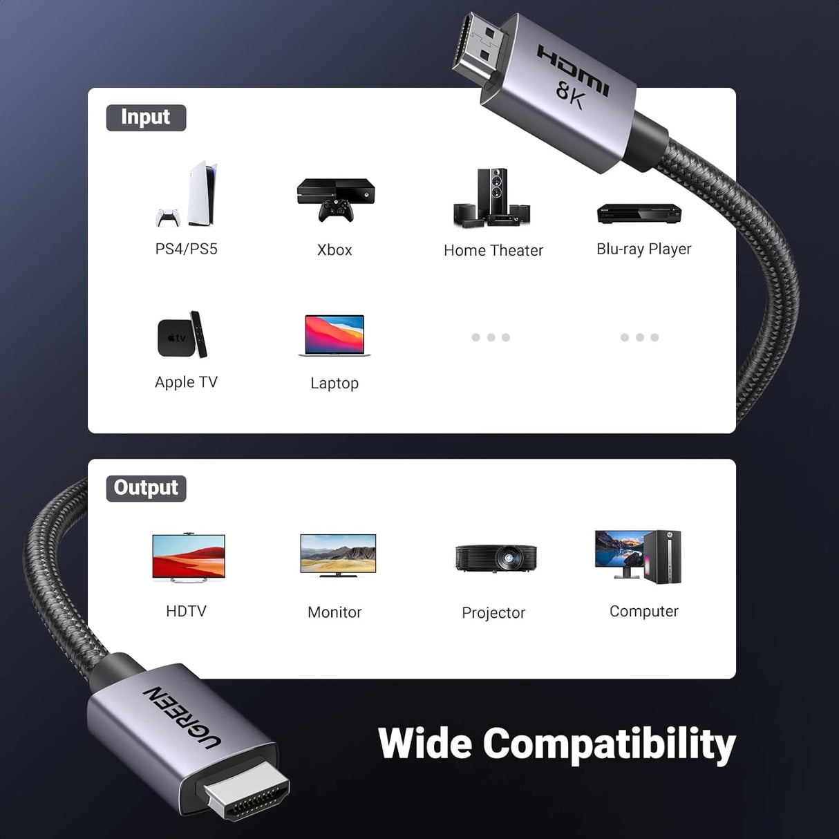 UGREEN 2M HDMI 2.1 8K Cable 48Gbps Ultra High Speed Cord 4K240Hz/8K60Hz Support Dynamic HDR eARC Dolby Atmos HDCP Compatible (25910)