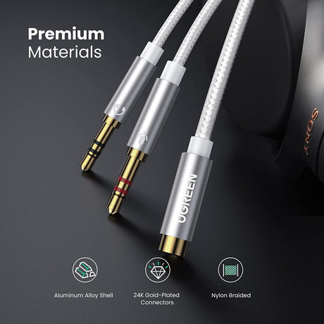 UGREEN 20CM Metal TRRS Female to Dual Male Audio PC Adapter Y Splitter 3.5mm Headphone Microphone Jack Converter Headset 10790 Ugreen