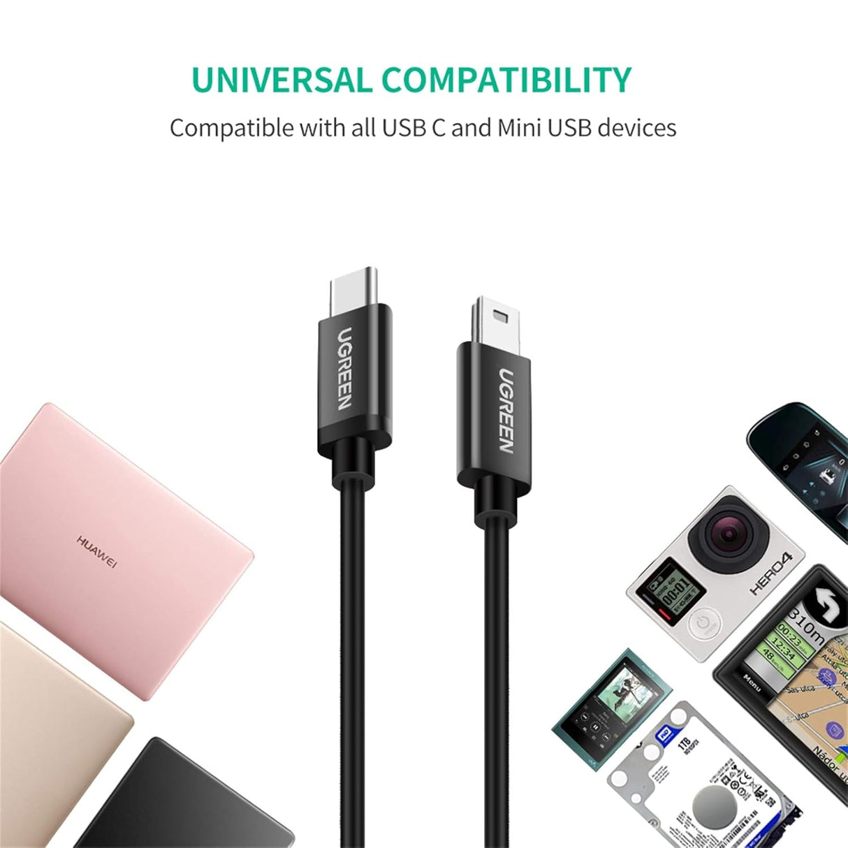 UGREEN USB C to Mini USB Cable 1M Male to Male Digital Camera MP3 Player Mini B USB Device Connector Type-C Cable (50445) Ugreen