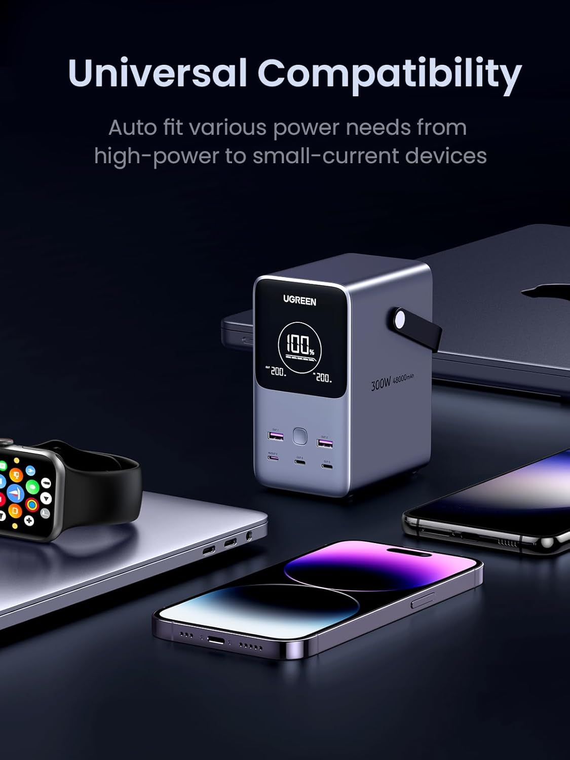 UGREEN 300W 48000mAh Portable Charger Power Bank Smart Digital Display Lighting SOS 153Wh 5 Port USB C Outdoor (25286) Ugreen