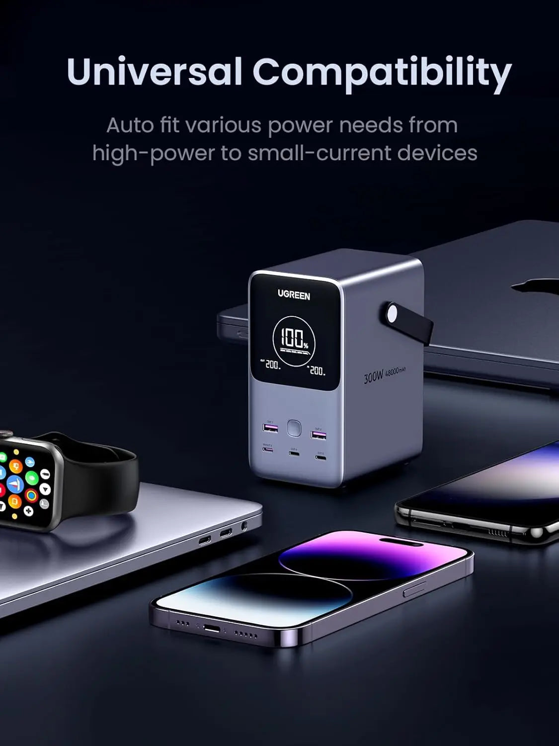 UGREEN 300W 48000mAh Portable Charger Power Bank Smart Digital Display Lighting SOS 153Wh 5 Port USB C Outdoor (25286) Ugreen