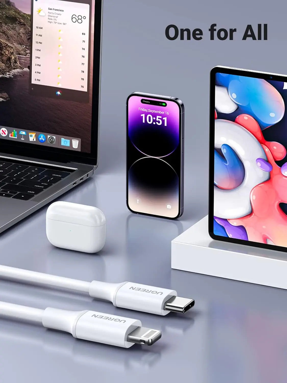 UGREEN USB-C to Lightning Cable 1M MFi-Certified PD Charging Rubber Shell iPhone Xs Max XR X 8 iPad Pro Air MacBook (10493)