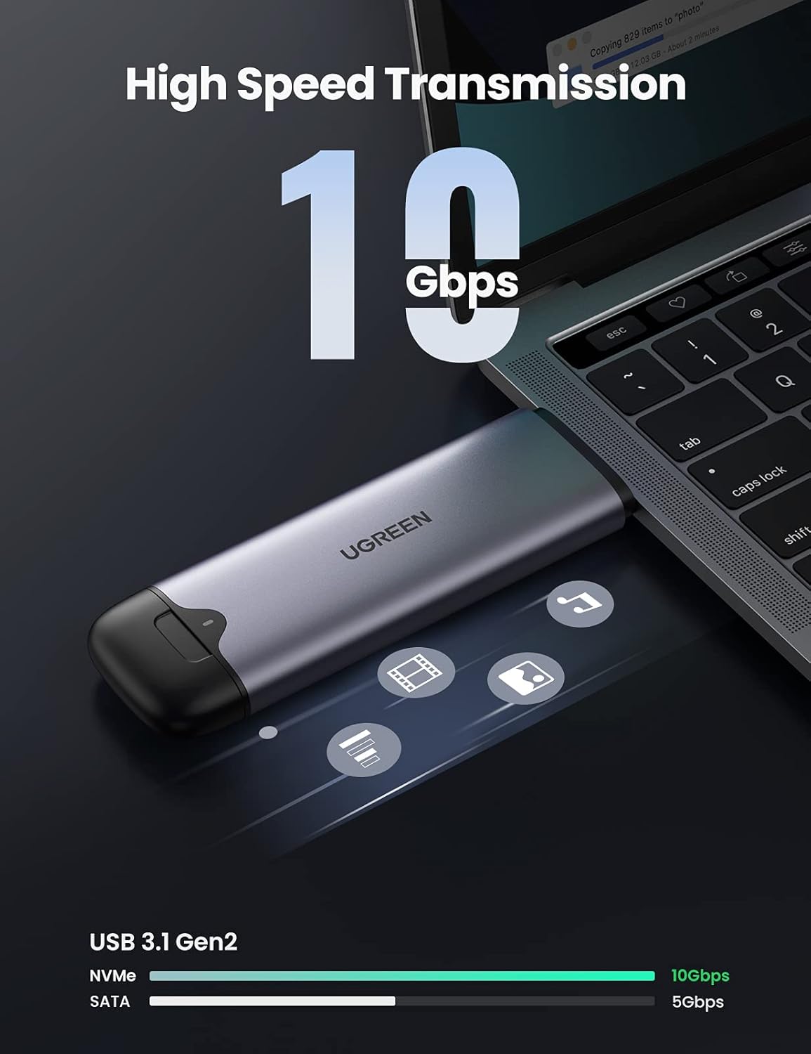 UGREEN M.2 NVMe SSD Enclosure 2-in-1 USB-C USB-A 10Gbps USB 3.1 Gen 2 Tool-Free M B&M Key 2242 2280 External Case (70532) Ugreen