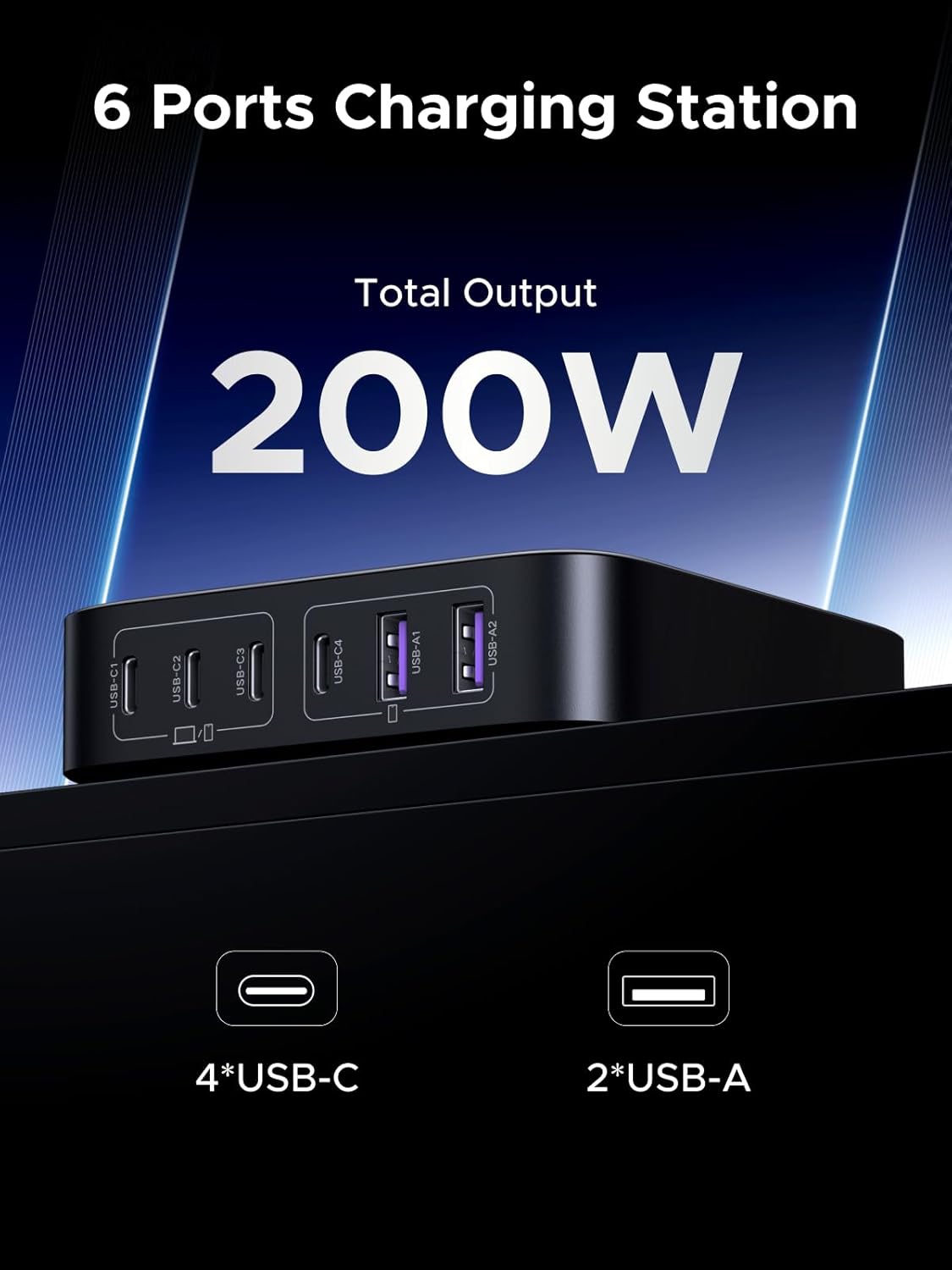 UGREEN Nexode 200W 6-Port GaN II USB-C PD Fast Charger Desktop Station 4 USB-C 2 USB-A MacBook iPad iPhone Galaxy (40914) Ugreen