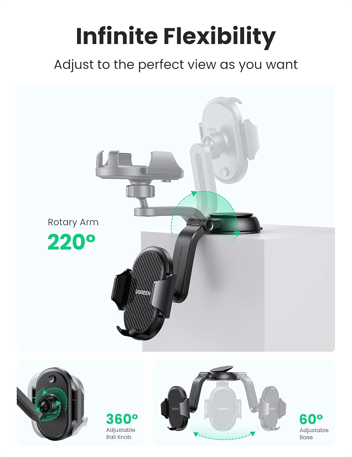 UGREEN Waterfall-Shaped Suction Cup Car Phone Mount Dashboard Cell Phone Holder Compatible with iPhone 12 11 Pro XR X XS Max 8 7 6 Plus 6S, Samsung Galaxy S20 S10 S9 S8 Plus Note 10 9 8(20473)
