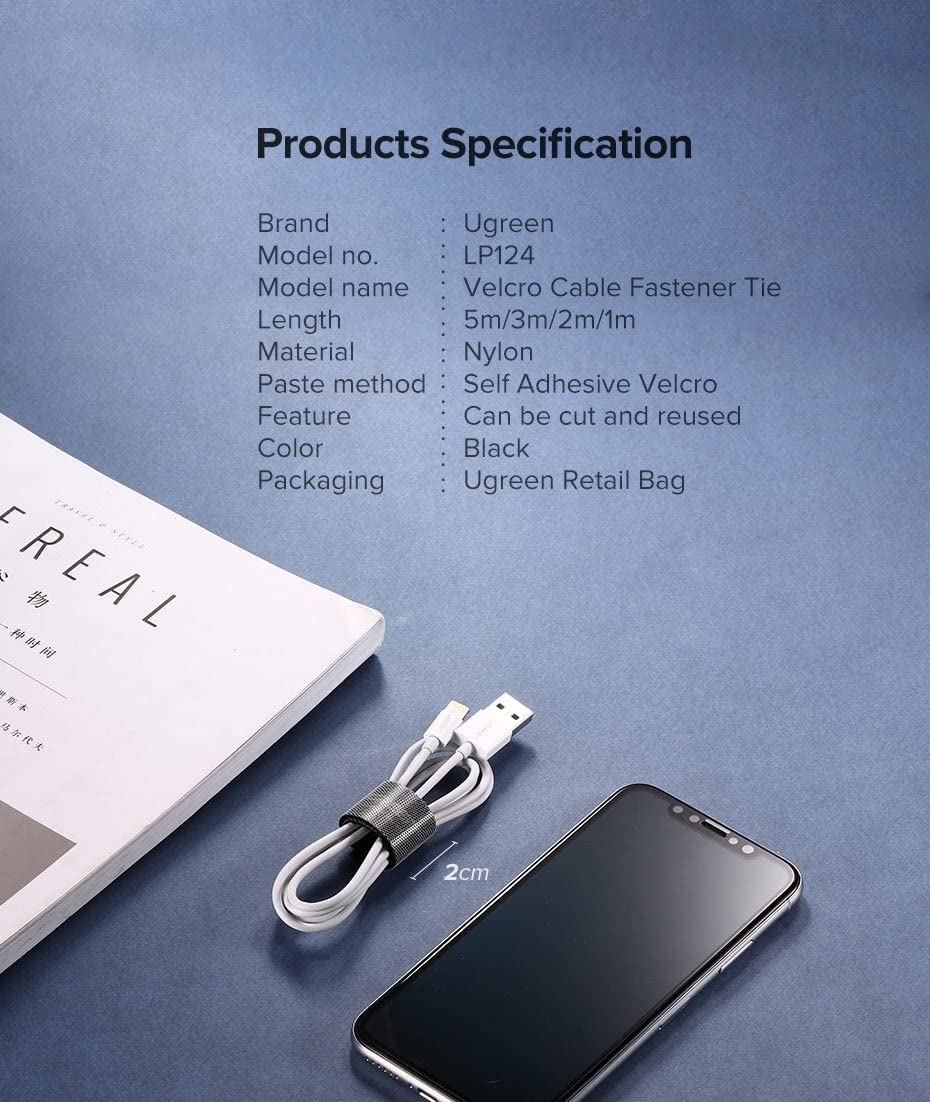 UGREEN 2M Velcro Cable Organizer Reusable Hook Loop Fastening Tape Roll Adjustable Wire Management TV Computer Office Black 40354 Ugreen