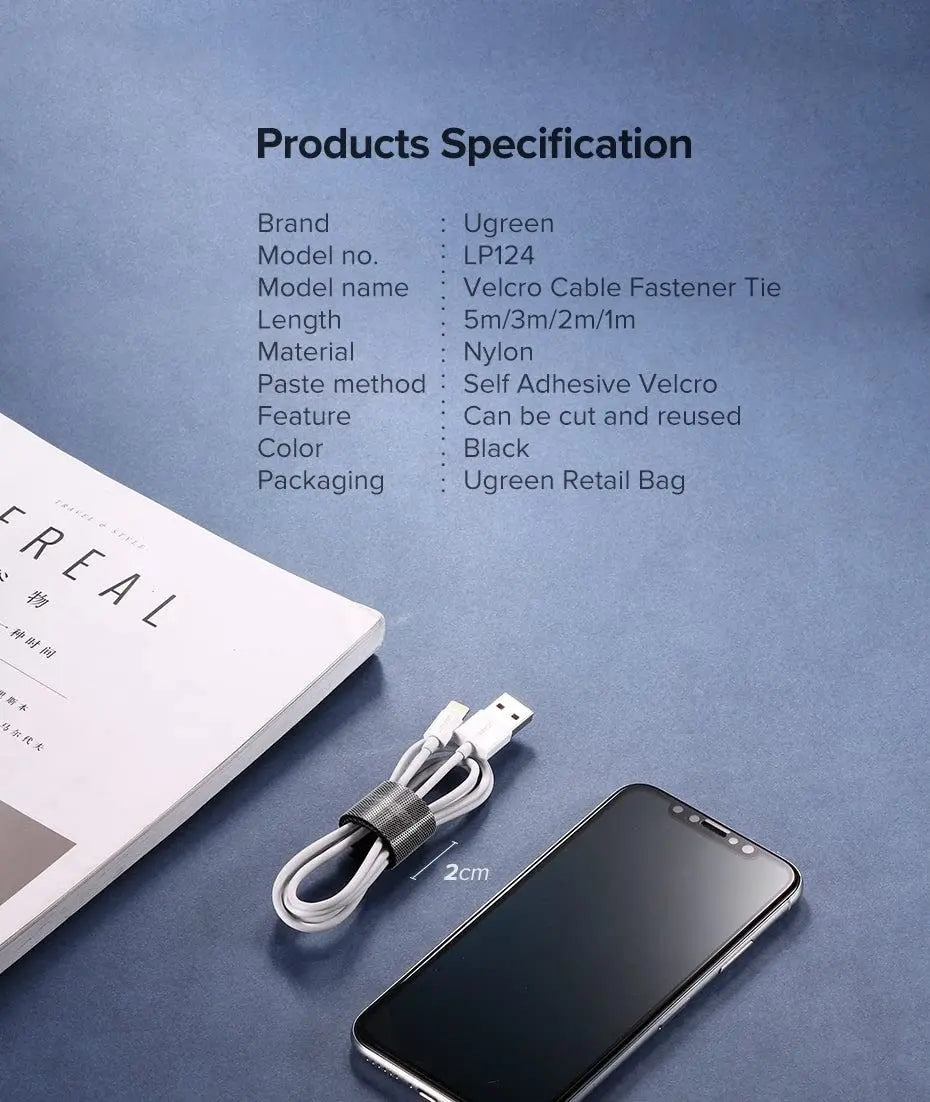 UGREEN 2M Velcro Cable Organizer Reusable Hook Loop Fastening Tape Roll Adjustable Wire Management TV Computer Office Black 40354 Ugreen