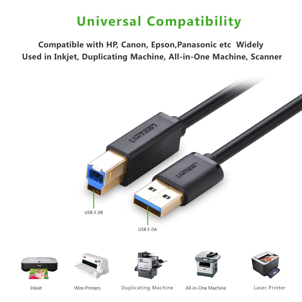 UGREEN USB 3.0 Printer Cable 2M A to B High Speed HP Canon Epson Brother Scanner Hard Drive Cable (10372) Ugreen