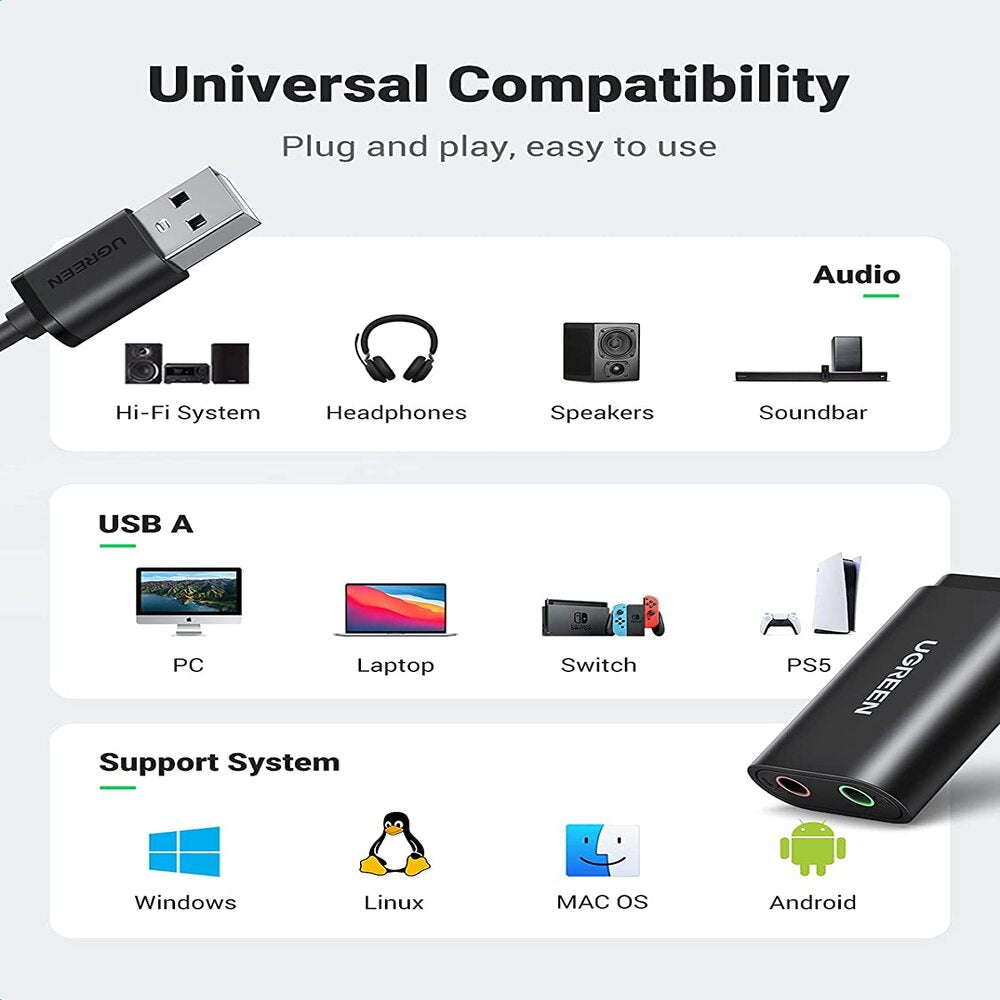 UGREEN USB 2.0 External Stereo Sound Card Adapter 3.5mm Headphone Microphone Jack Windows Mac Linux PC Laptop PS4 (30724) Ugreen