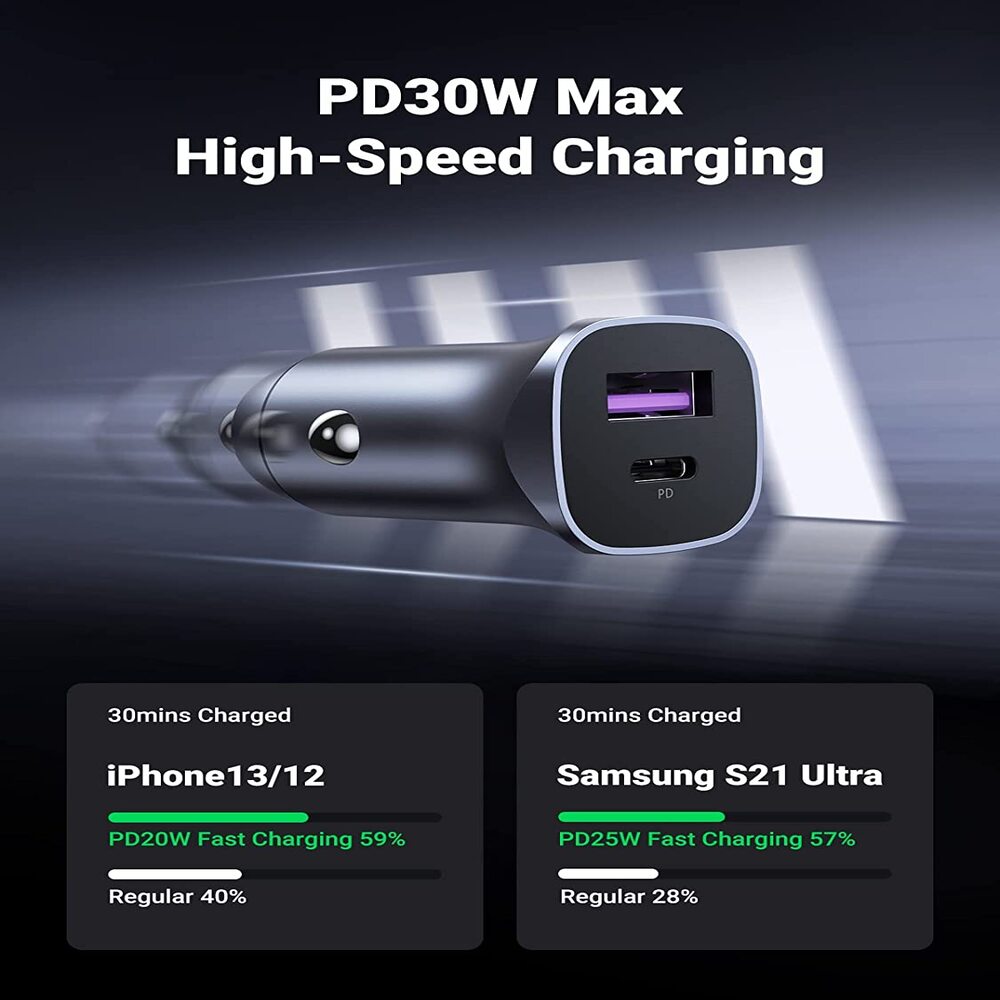 UGREEN 30W USB C Car Charger Dual Port PD3.0 QC3.0 Fast Charging iPhone 13/12 Galaxy S22/S21 iPad Pro (40858)