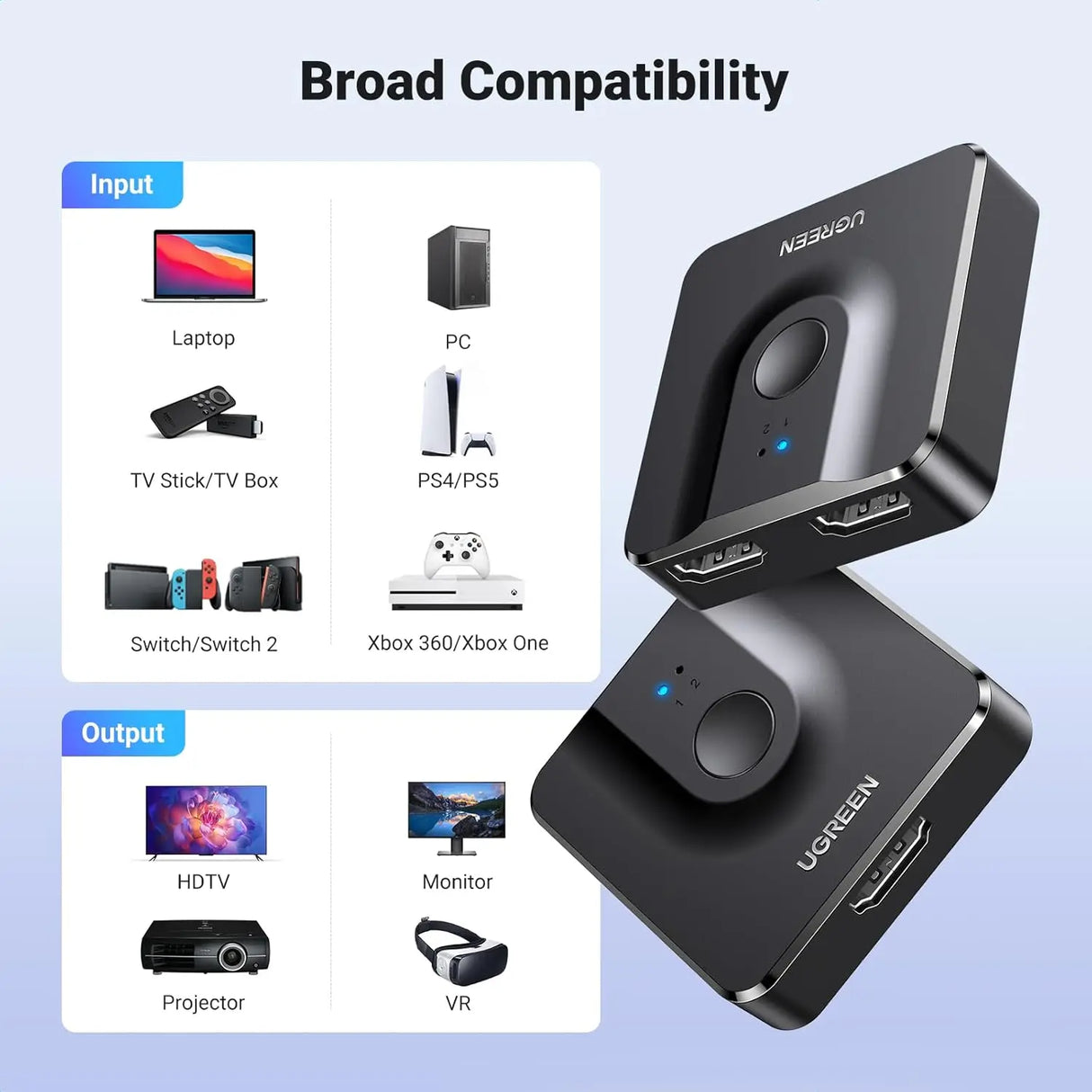 UGREEN 2 इन 1 आउट बाई-डायरेक्शनल HDMI स्विचर 4K@60Hz HDMI स्प्लिटर, ब्लू-रे प्लेयर, रोकू, टीवी स्टिक, निनटेंडो स्विच, Xbox, PS4, HDTV, मॉनिटर, प्रोजेक्टर आदि के लिए 3D सपोर्ट करता है। (50966)