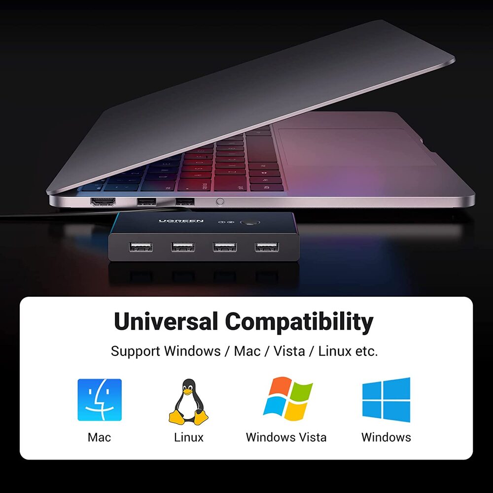 UGREEN 2x4 USB 2.0 Sharing Switch Box 2 In 4 Out Peripheral Switcher Printer Scanner Keyboard Mouse PC Laptop USB Hub Switch 30767 Ugreen