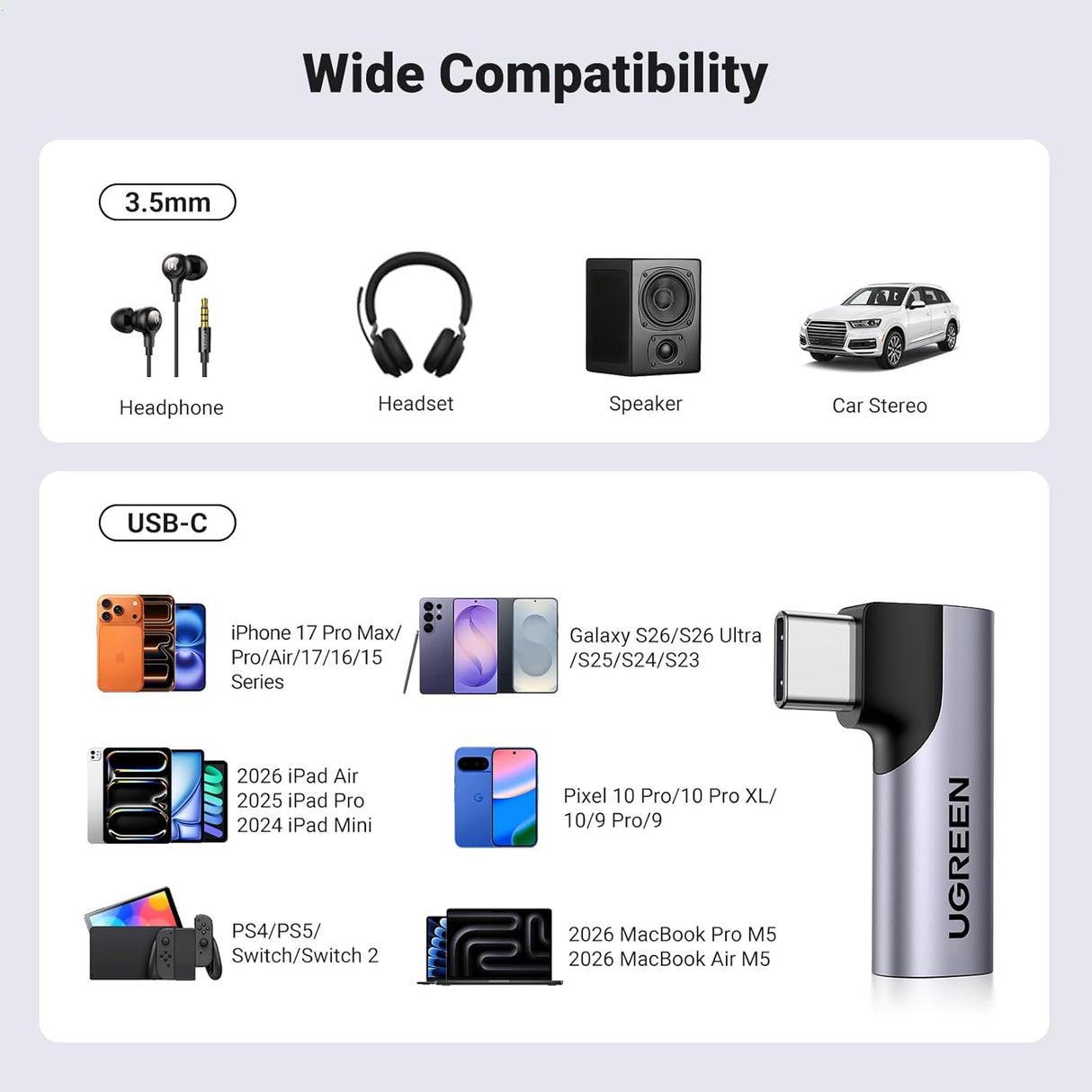 UGREEN USB C to 3.5mm Audio Adapter, Aux Headphone Jack DAC Stereo Mic HiFi Right Angle Dongle Compatible with iPhone 17 16 15 Pro Max/16 15 Plus, iPad Pro, Galaxy S25 Ultra Pixel 9, Gray (20194)