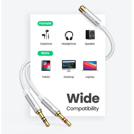 UGREEN 20CM Metal TRRS Female to Dual Male Audio PC Adapter Y Splitter 3.5mm Headphone Microphone Jack Converter Headset 10790 Ugreen