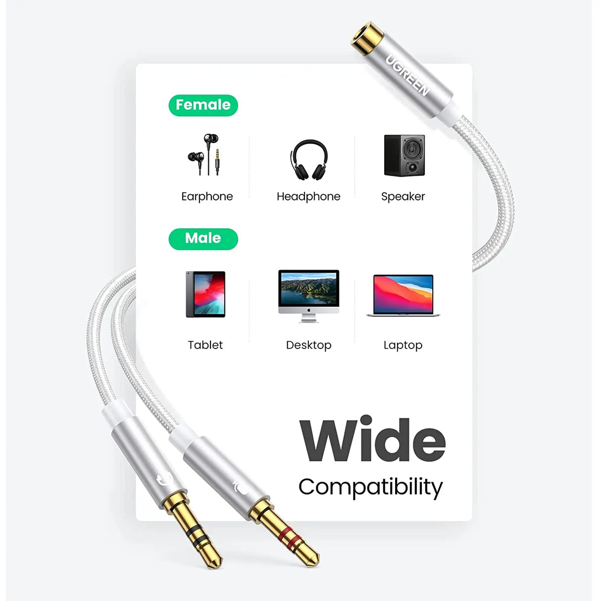 UGREEN 20CM Metal TRRS Female to Dual Male Audio PC Adapter Y Splitter 3.5mm Headphone Microphone Jack Converter Headset 10790 Ugreen