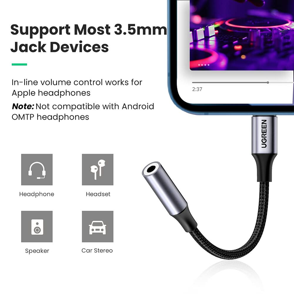 UGREEN Lightning to 3.5mm Headphone Adapter MFi Certified Aluminum Shell iPhone 11 Pro Max X XR XS 7 8 Plus 30756 Ugreen