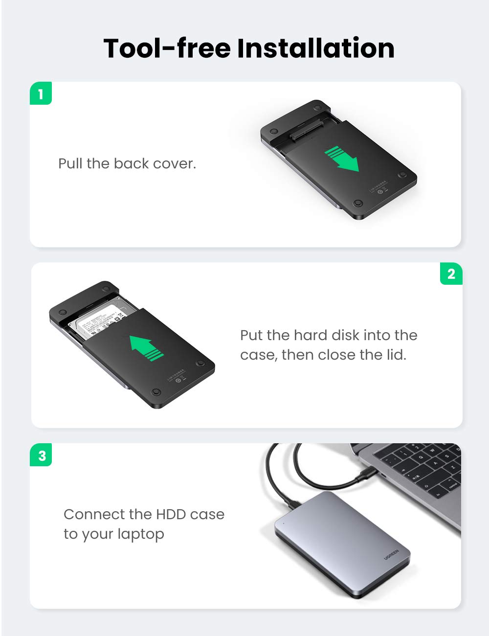 UGREEN 2.5 Inch SATA External Hard Drive Enclosure USB 3.1 Gen 2 UASP Aluminum Tool-Free WD Seagate Samsung PS4 Xbox (70498) Ugreen