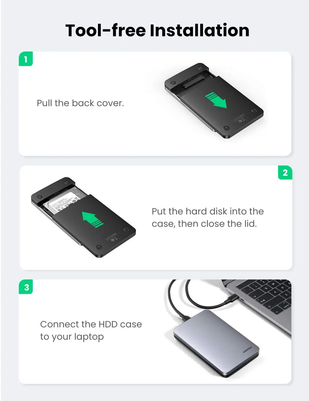 UGREEN 2.5 Inch SATA External Hard Drive Enclosure USB 3.1 Gen 2 UASP Aluminum Tool-Free WD Seagate Samsung PS4 Xbox (70498) Ugreen