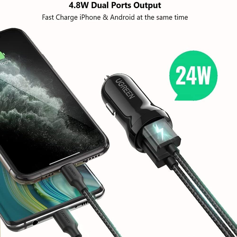 UGREEN 24W Dual USB Car Charger 4.8A Fast Charging Adapter iPhone 14/13/12/11 Galaxy S22/S21/S10 iPad Pro Air Mini (50875)