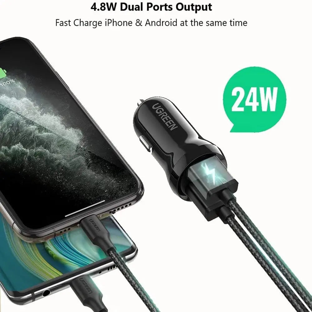 UGREEN 24W Dual USB Car Charger 4.8A Fast Charging Adapter iPhone 14/13/12/11 Galaxy S22/S21/S10 iPad Pro Air Mini (50875) Ugreen