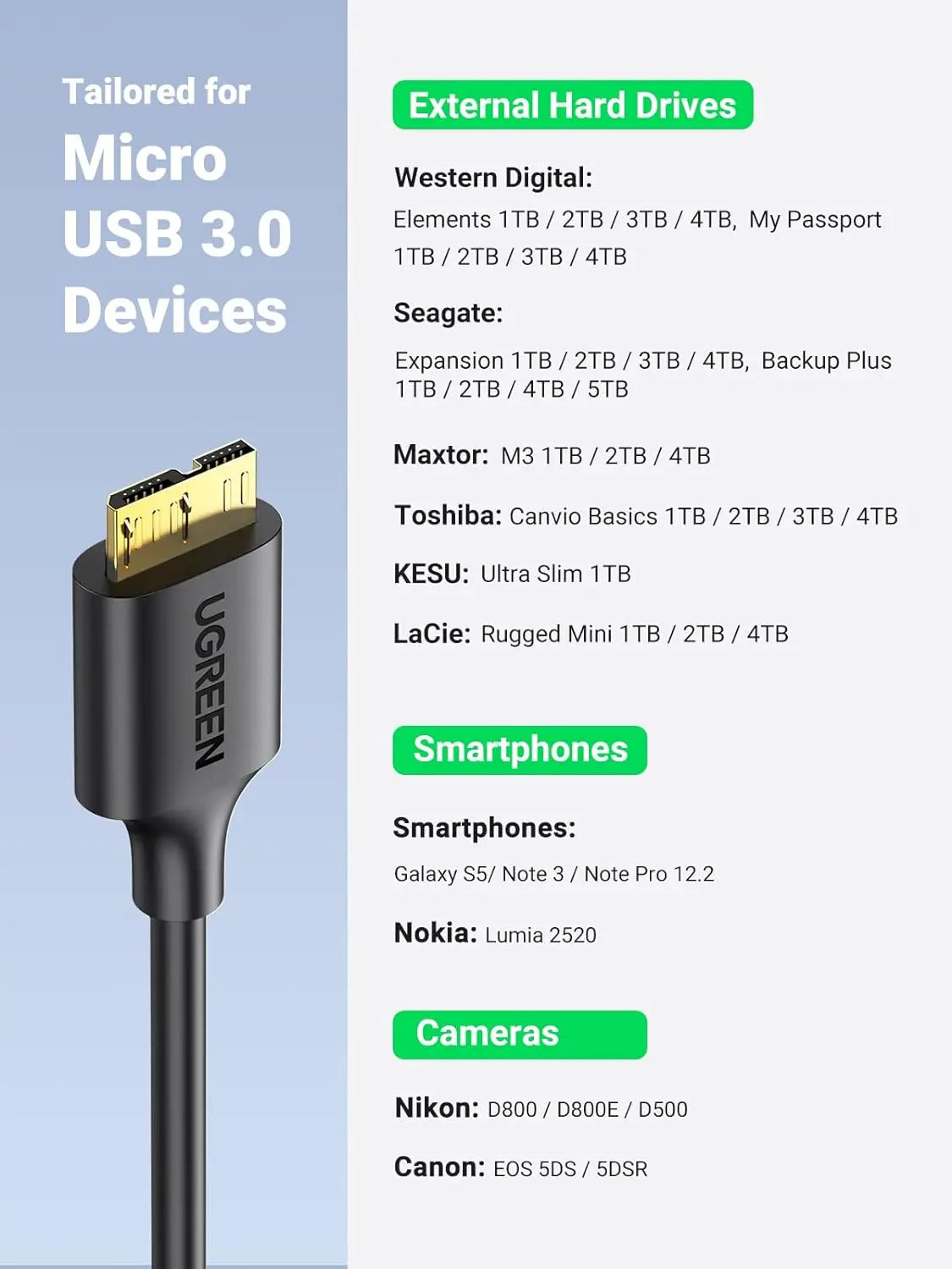 UGREEN USB 3.0 Micro B Cable 0.5M 5Gbps Gold Plated External Hard Drive Galaxy S5 Note 3 Camera (10840) Ugreen