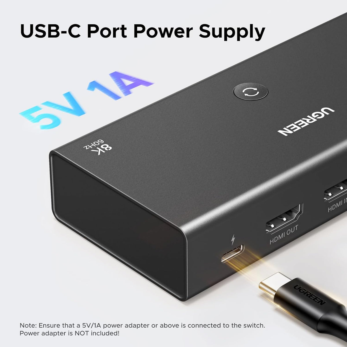 UGREEN 95521 HDMI 2.1 3-in-1-out switch, 8K60 4K240, USB-C power supply port