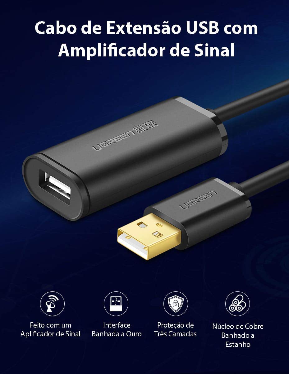 UGREEN USB 2.0 Active Extension Cable 20M Built-in Signal Booster Repeater A Male to Female Webcam Printer (10324) Ugreen