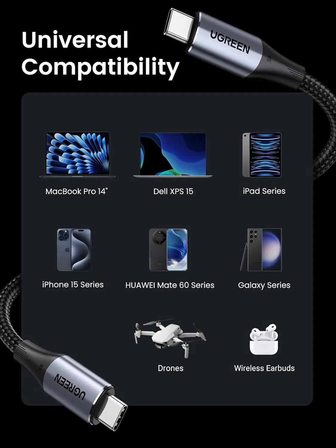 UGREEN 1M USB-C to USB-C Cable 240W PD 10Gbps Data Transfer 4K Video Braided MacBook Pro iPad Pro Galaxy Steam Deck 80150V240 Ugreen