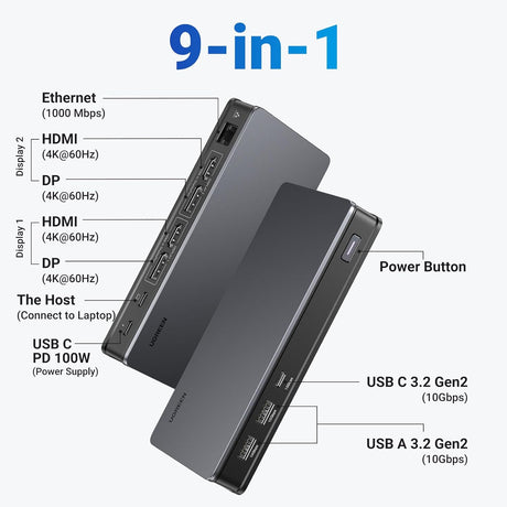 UGREEN 9-in-1 USB-C Adapter Dual Monitor 2 HDMI 2 DisplayPort 4K 60Hz 100W PD Ethernet USB 3.2 Docking Station 90912 Ugreen