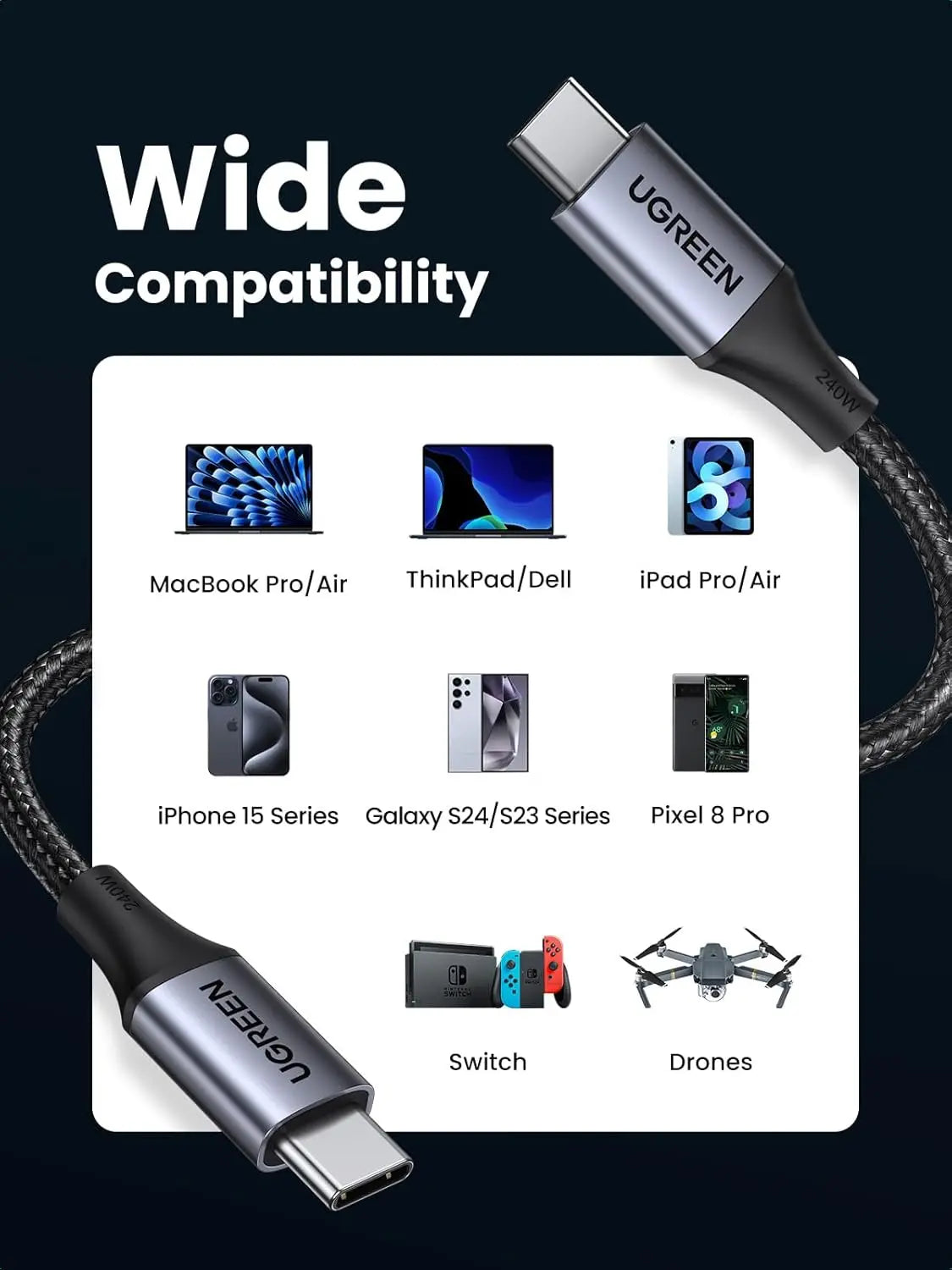 UGREEN USB C to USB C Cable 2M 240W PD 3.1 Fast Charging,480Mbps Data Transfer (90440) Ugreen